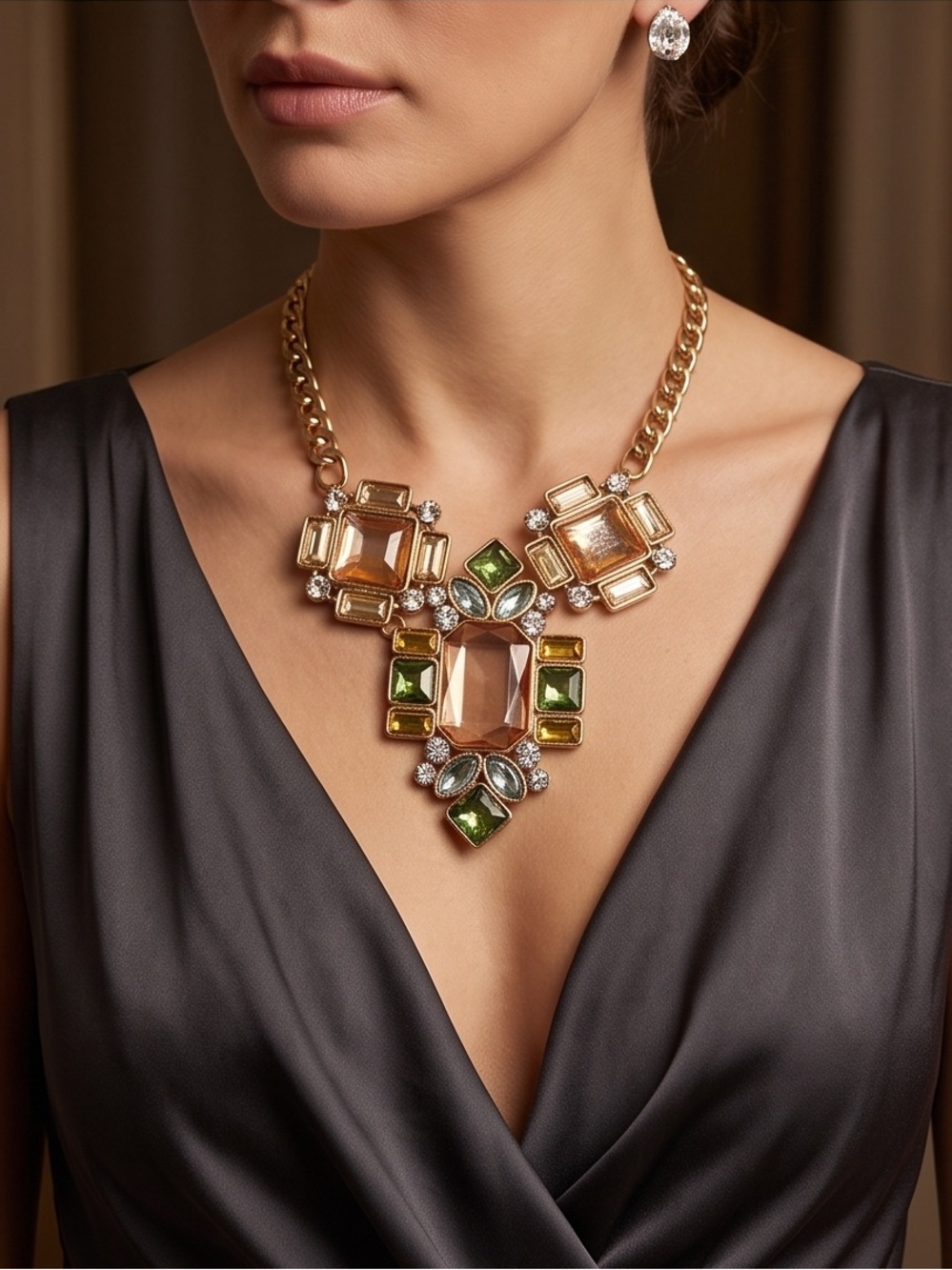 Gold-Tone Statement Necklace with Amber Peach and Green Stones
